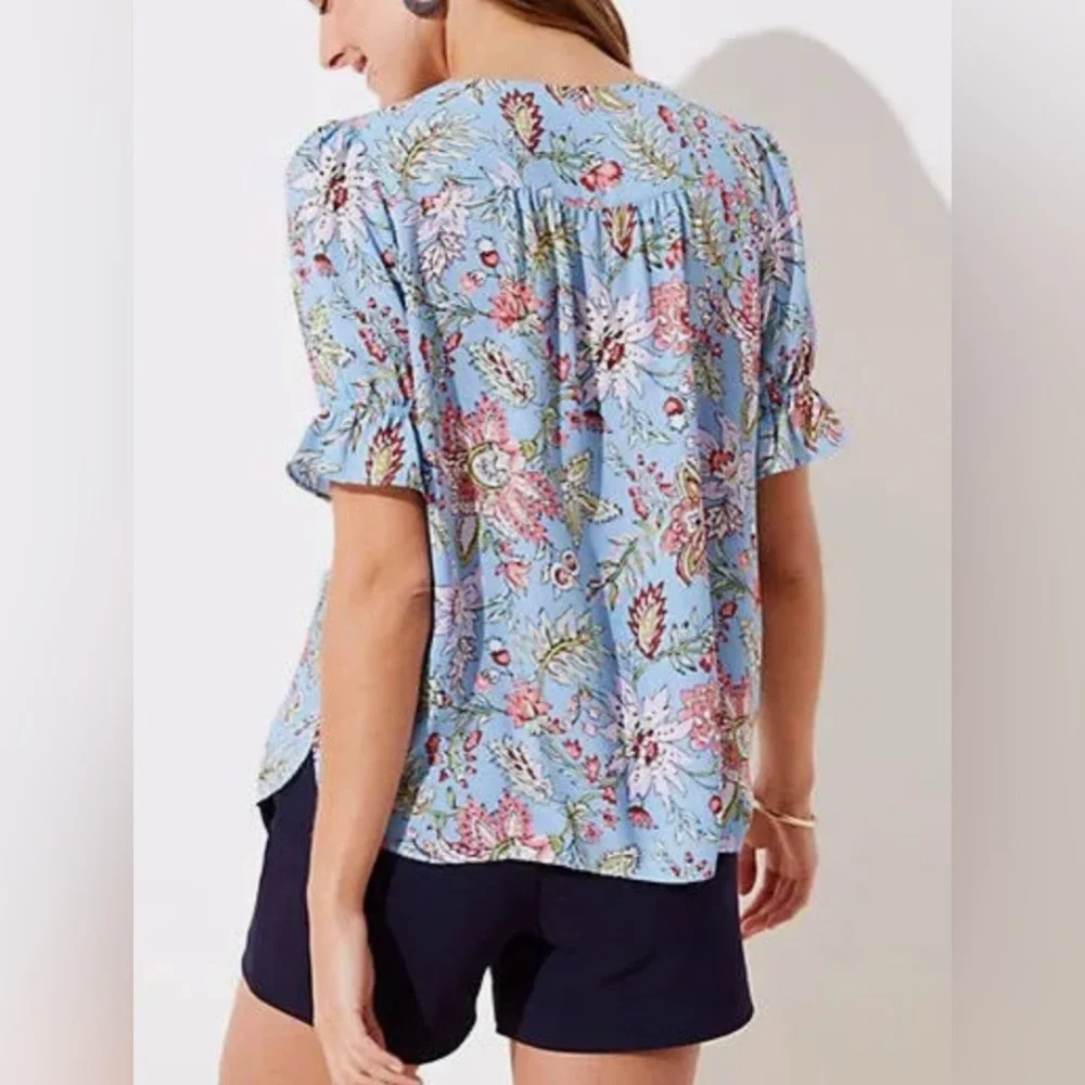LOFT Women’s Blue Multi Garden V-Neck Puff Short Sleeve Top‎ Blouse Sz-Small
